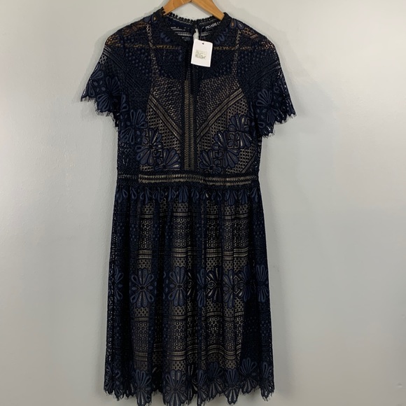 NWT Picadilly Canada Floral Lace Dress Navy Black Lined Size Small - Picture 2 of 15